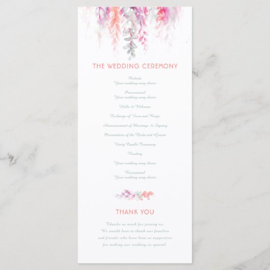 Hochzeitsreben kaskadieren Aquarellkorallen rot Programm (Rückseite)