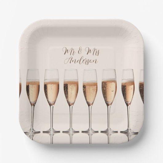 Hochzeitsreihe von Tellern mit rosa Champagnerbril Pappteller (Vorderseite)