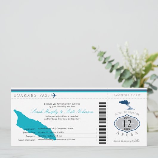 Hochzeitsreise Boarding nach Aruba Einladung (Stehend Vorderseite)