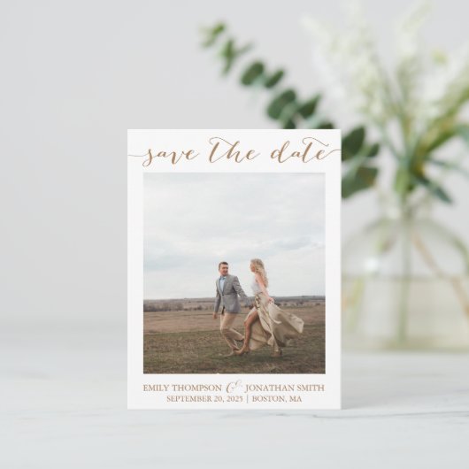 Hochzeitsreise Foto Save the Date Postkarte in Gol (Stehend Vorderseite)