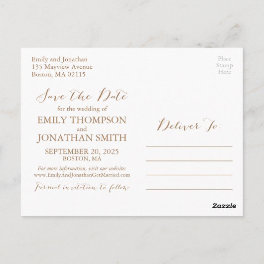 Hochzeitsreise Foto Save the Date Postkarte in Gol (Rückseite)