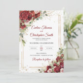 Hochzeitsreise mit Boho burgundy und Rosa Rose Einladung (Stehend Vorderseite)