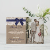 Hochzeitsreise mit dem Foto "Navy Ribbon on Burlap Dankeskarte (Stehend Vorderseite)
