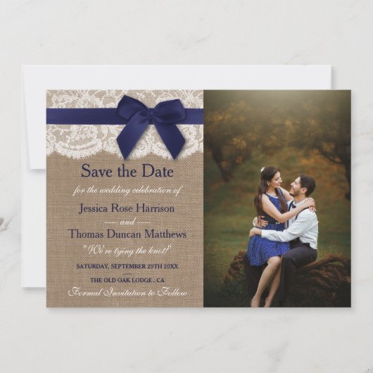 Hochzeitsreise mit dem Foto "Navy Ribbon on Burlap Save The Date (Vorderseite)