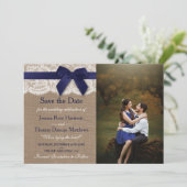Hochzeitsreise mit dem Foto "Navy Ribbon on Burlap Save The Date (Stehend Vorderseite)