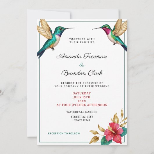 Hochzeitsreise mit Hummingvögeln in der roten trop Einladung (Vorderseite)