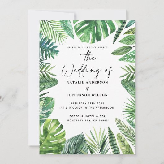 Hochzeitsreise mit tropischen Palmenblättern Save The Date (Vorderseite)