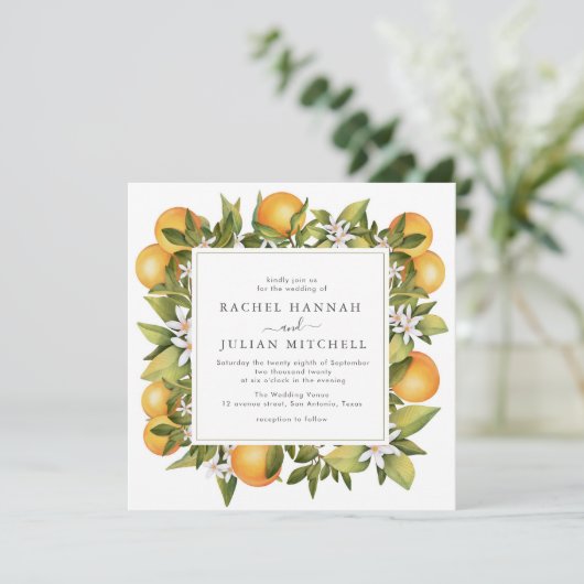 Hochzeitsreise mit Zitrusfrüchten Einladung (Stehend Vorderseite)