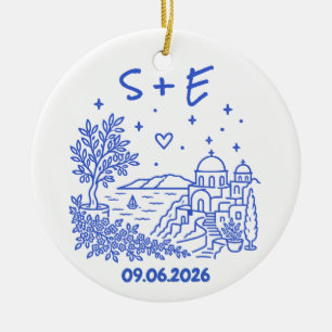 Hochzeitsreise nach Santorin - Initialen und Datum Keramik Ornament