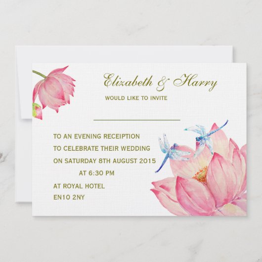 Hochzeitsreise Rosa Lotus und Blauer Drachenfliege Einladung (Rückseite)