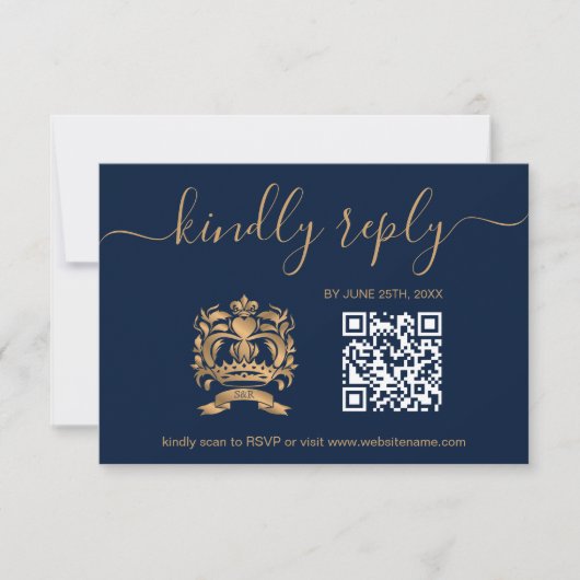 Hochzeitsreisepass Gold Navy QR Code RSVP Karte (Vorderseite)