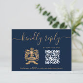 Hochzeitsreisepass Gold Navy QR Code RSVP Karte (Stehend Vorderseite)