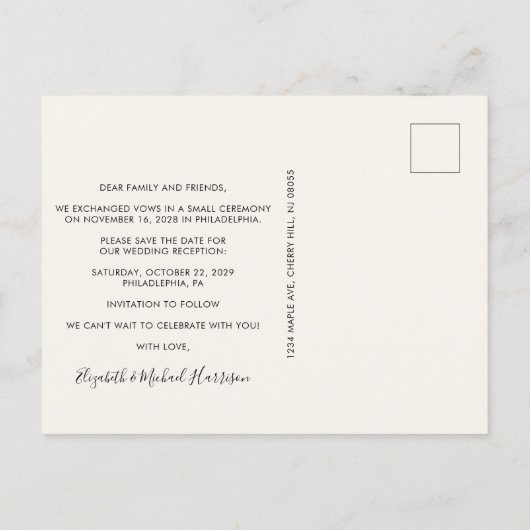 Hochzeitsrezeption Foto Save the Date Ankündigungspostkarte (Rückseite)