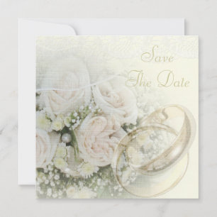 Hochzeitsringe, Rosen, Tauben & Spitze Save The Da Date
