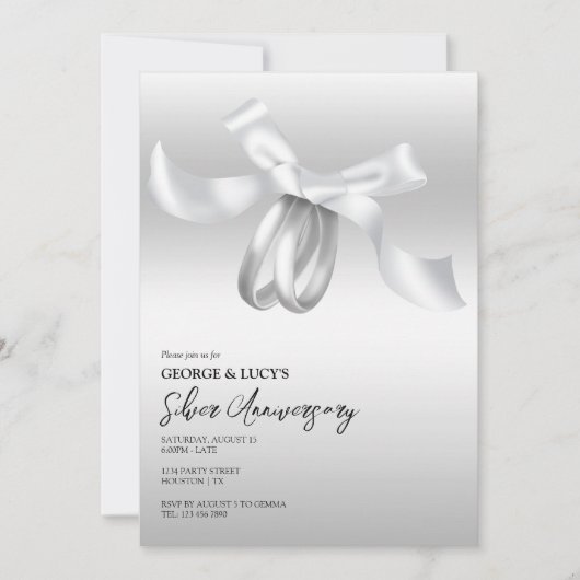 Hochzeitsrings & Bow Silver Wedding Einladung (Vorderseite)