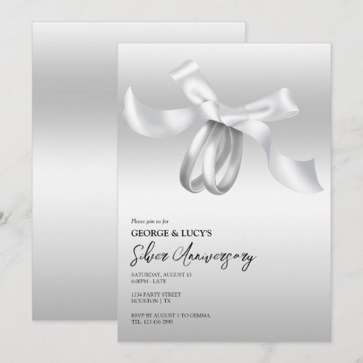 Hochzeitsrings & Bow Silver Wedding Einladung (Vorne/Hinten)