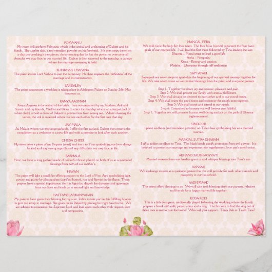 Hochzeitsrituale Hindu Programm Rosa Lotus (Rückseite)