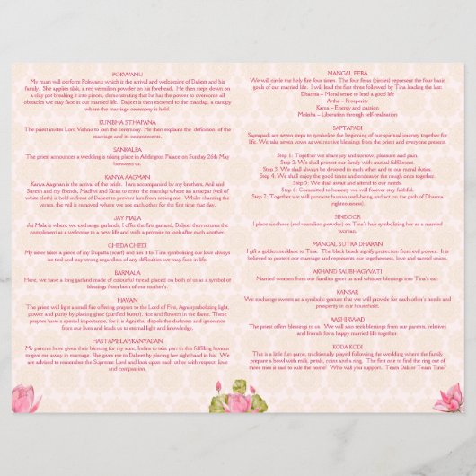 Hochzeitsrituale Hindu Programm Rosa Lotus Flyer (Hinten)