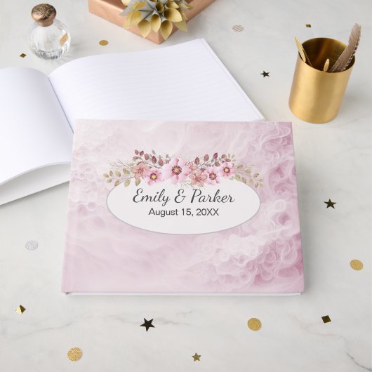 Hochzeitsrosa Abstrakt mit Bouquet Gästebuch (Vorderseite Offen)