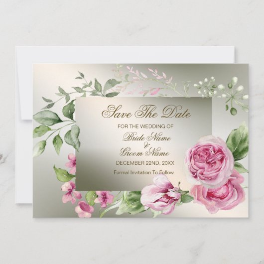 Hochzeitsrosa Blumenrahmen Aquarellfarben Shiny Br Save The Date (Vorderseite)
