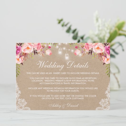 Hochzeitsrosa Brillenbeleuchtung Details Beilage e Karte (Stehend Vorderseite)