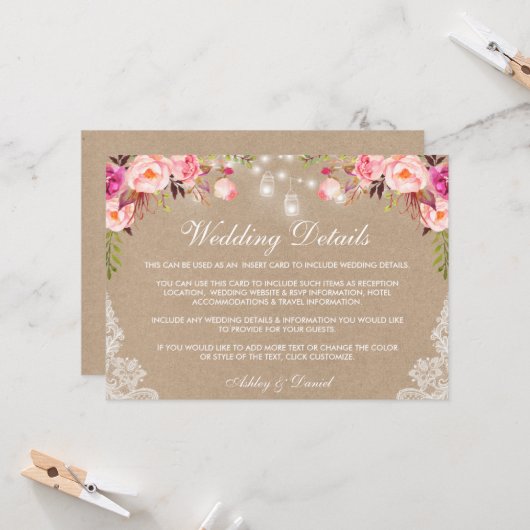 Hochzeitsrosa Brillenbeleuchtung Details Beilage e Karte (Vorderseite/Rückseite Beispiel)