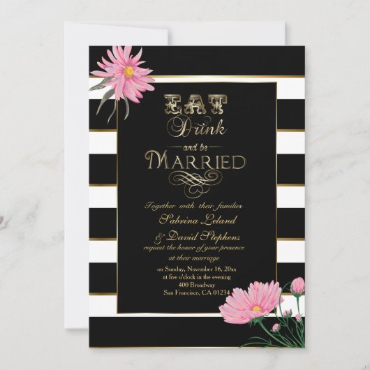 Hochzeitsrosa Chrysanthemum Schwarz-weiße Streifen Einladung (Vorderseite)