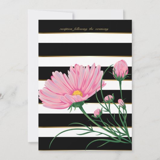 Hochzeitsrosa Chrysanthemum Schwarz-weiße Streifen Einladung (Rückseite)