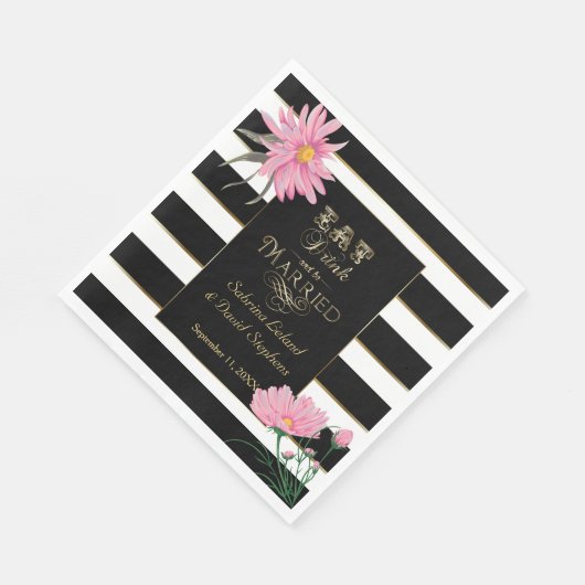 Hochzeitsrosa Floral, schwarz und weiß Streifen Serviette (Ecke)
