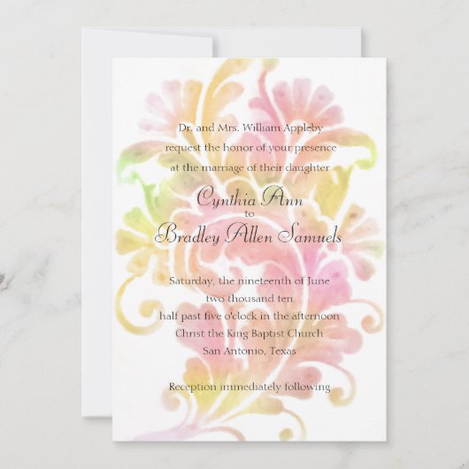Hochzeitsrosa Gelbe Wasserfarbenwolke Einladung (Vorderseite)