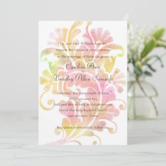 Hochzeitsrosa Gelbe Wasserfarbenwolke Einladung (Stehend Vorderseite)