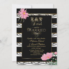 Hochzeitsrosa Mums Schwarze Spitzen Weiße Streifen Einladung