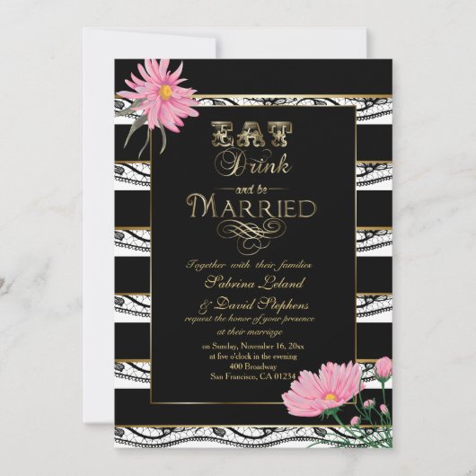 Hochzeitsrosa Mums Schwarze Spitzen Weiße Streifen Einladung (Vorderseite)