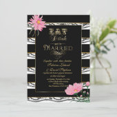 Hochzeitsrosa Mums Schwarze Spitzen Weiße Streifen Einladung (Stehend Vorderseite)