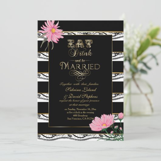 Hochzeitsrosa Mums Schwarze Spitzen Weiße Streifen Einladung (Stehend Vorderseite)