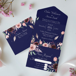 Hochzeitsrosa und Burgund Bloral Blue All In One Einladung