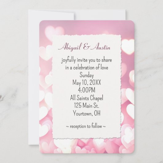 Hochzeitsrosa und weiße Bokeh-Herzen Einladung (Vorderseite)