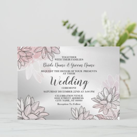 Hochzeitsrosa Weiße Blume Silber Wasserfarbe Einladung (Stehend Vorderseite)