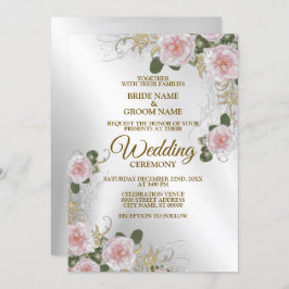 Hochzeitsrosa Weiße Blütensilber Rustikales Elegan Einladung