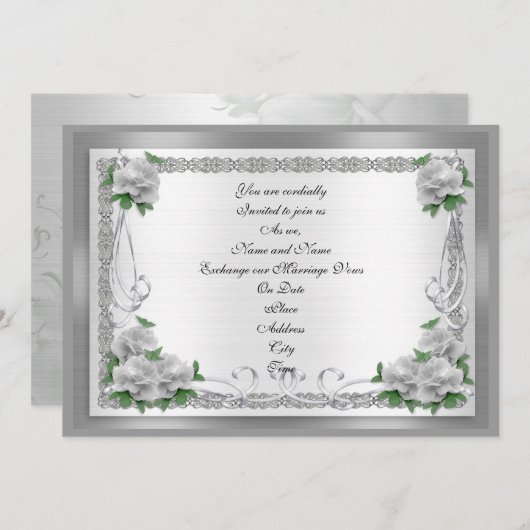 Hochzeitsrosen auf Silbersatinat Einladung (Vorne/Hinten)