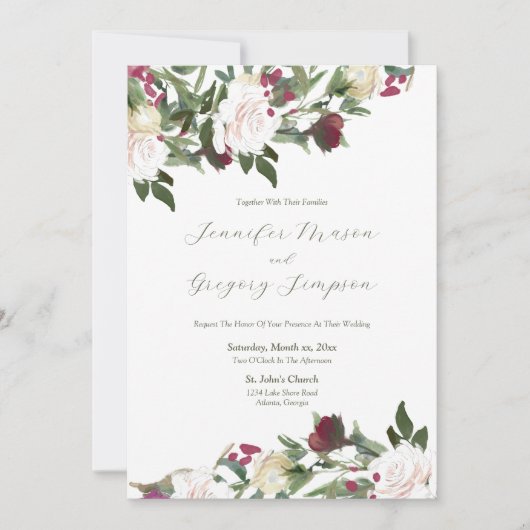 Hochzeitsrosen in Weiß mit Cranberry Einladung (Vorderseite)