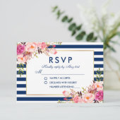 Hochzeitsrost RSVP Floral Aquarell Pink Blaue Stre Karte (Stehend Vorderseite)