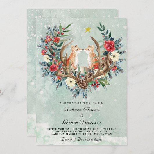 Hochzeitsroter Beeren - Blumenfüchse Einladung (Vorne/Hinten)