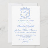 Hochzeitssache des Blue Monogram Wappen Watercolor Einladung (Vorderseite)