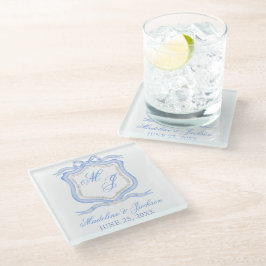 Hochzeitssache des Blue Monogram Wappen Watercolor Glasuntersetzer