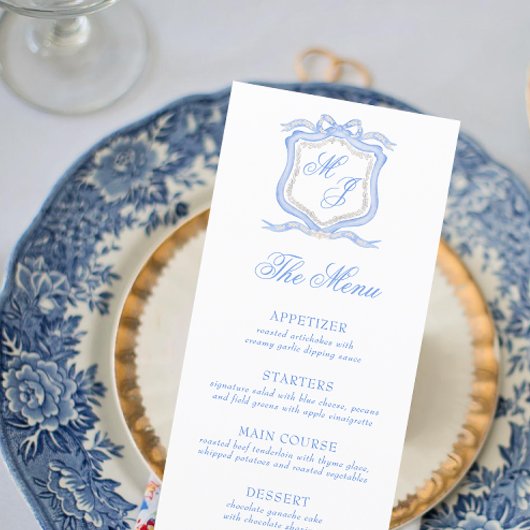 Hochzeitssache des Blue Monogram Wappen Watercolor Menükarte
