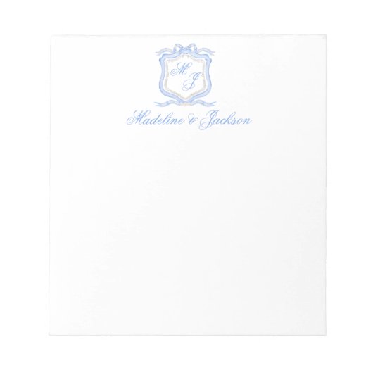 Hochzeitssache des Blue Monogram Wappen Watercolor Notizblock (Vorderseite)