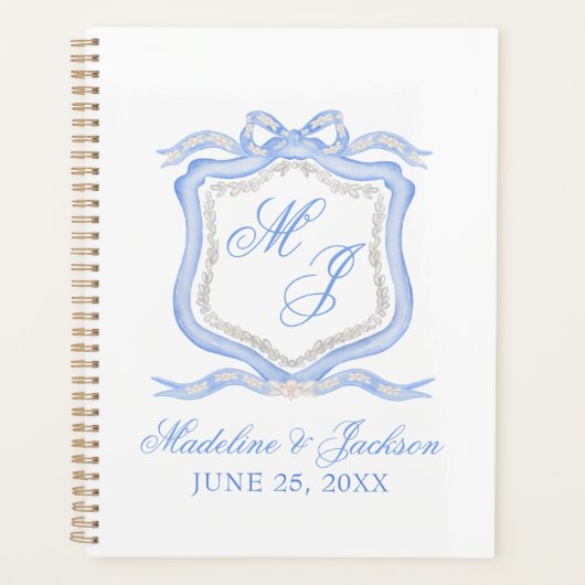 Hochzeitssache des Blue Monogram Wappen Watercolor Planer (Vorderseite)