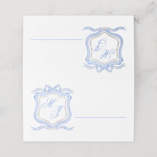 Hochzeitssache des Blue Monogram Wappen Watercolor Platzkarte (Außenseite Aufgefaltet)