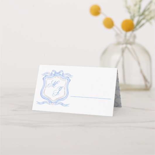 Hochzeitssache des Blue Monogram Wappen Watercolor Platzkarte (Rückseite)